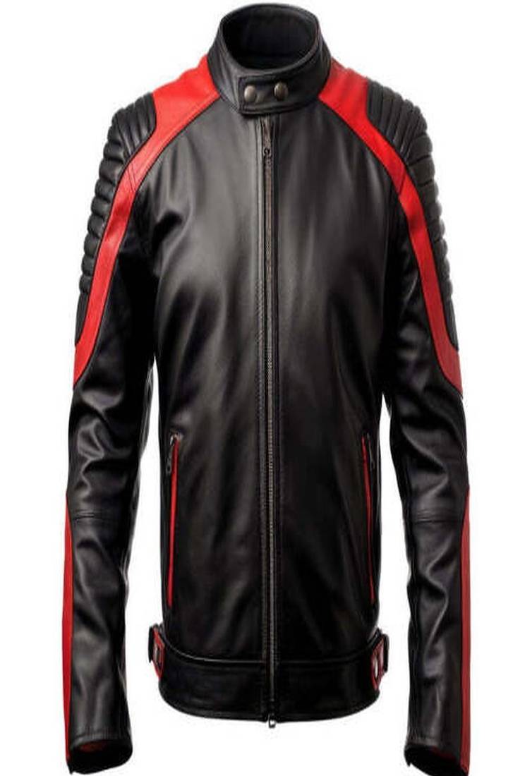 Men's genuine lambskin leather jacket – café racer collar style red pattern
