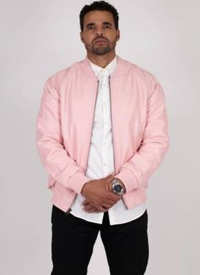 men's pink lambskin leather bomber jacket ribbed cuffs and waist 3