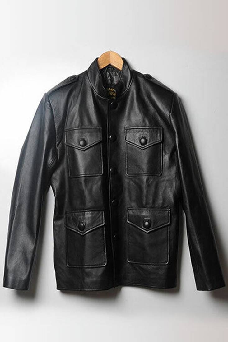 Men’s bllack leather biker jacket – slim fit racer 4 pocket design