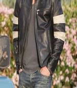 Men’s black lambskin leather biker jacket  rib chain design
