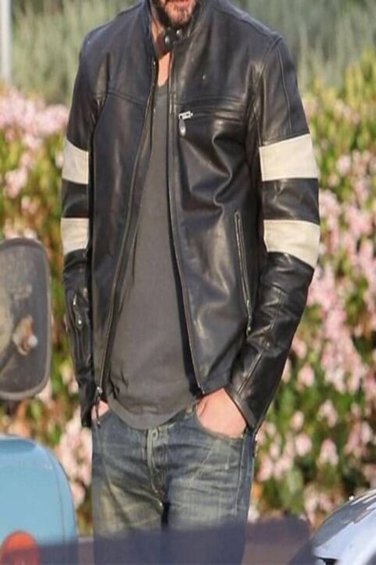 Men’s black lambskin leather biker jacket  rib chain design