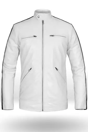 Men’s white lambskin leather biker jacket 4 pocket stright chain design