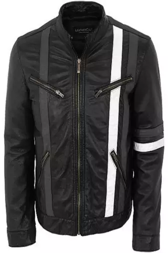 Men’s black leather biker jacket – slim fit racer white stripe design
