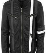 Men’s black leather biker jacket – slim fit racer white stripe design