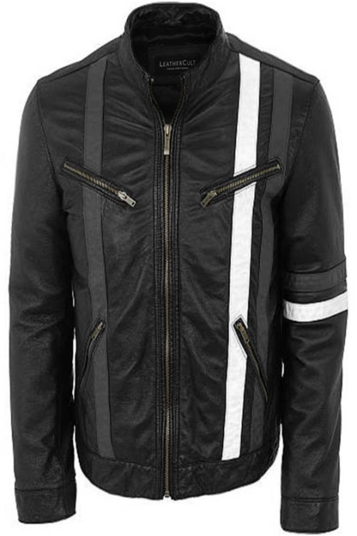 Men’s black leather biker jacket – slim fit racer white stripe design