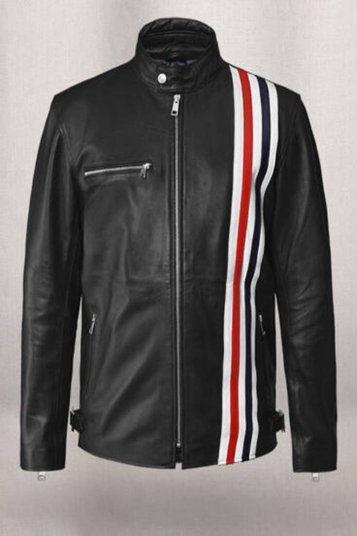 Men’s black  genuine leather jacket –  multi  color casual style with zipper  detail