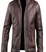 Men's dark brown lambskin leather biker jacket 2 pocket style hand chain look