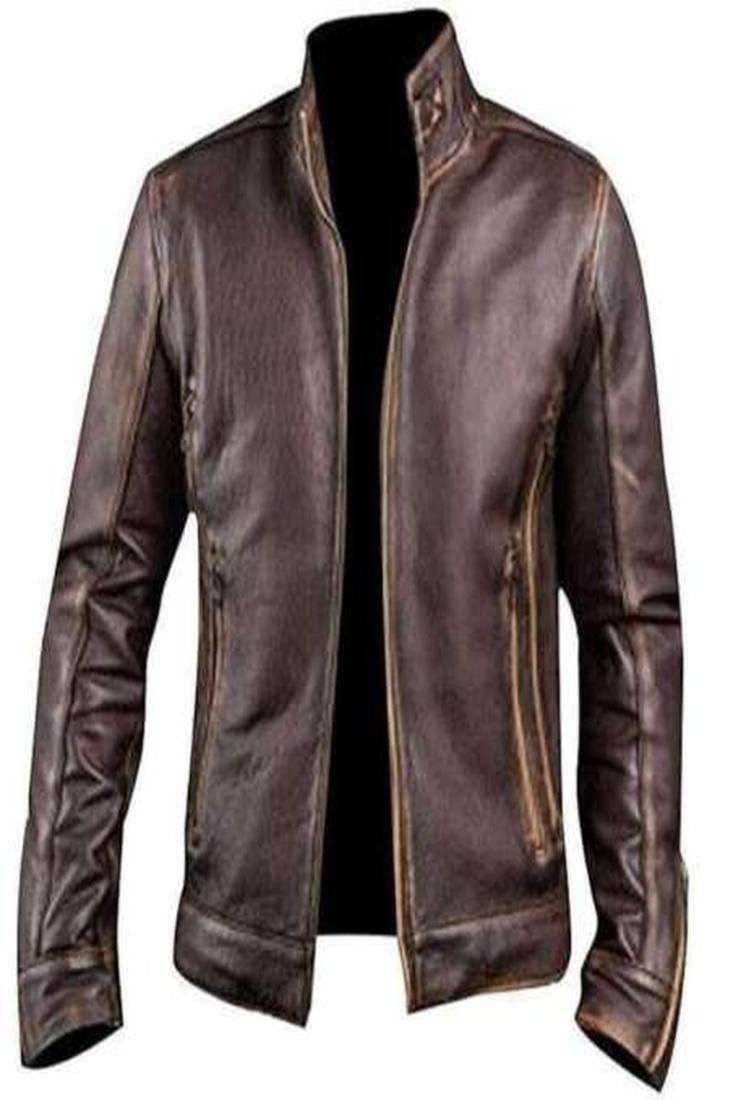 Men's dark brown lambskin leather biker jacket 2 pocket style hand chain look