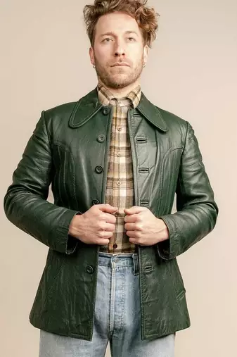 Mens olive green lambskin leather jacket button partern long collar style back belt