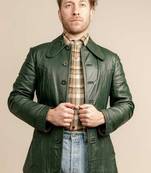 Mens olive green lambskin leather jacket button partern long collar style back belt