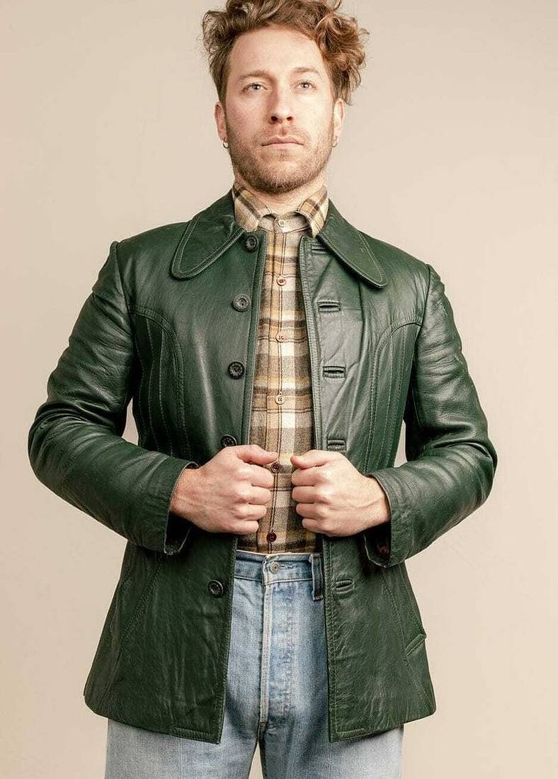 Mens olive green lambskin leather jacket button partern long collar style back belt