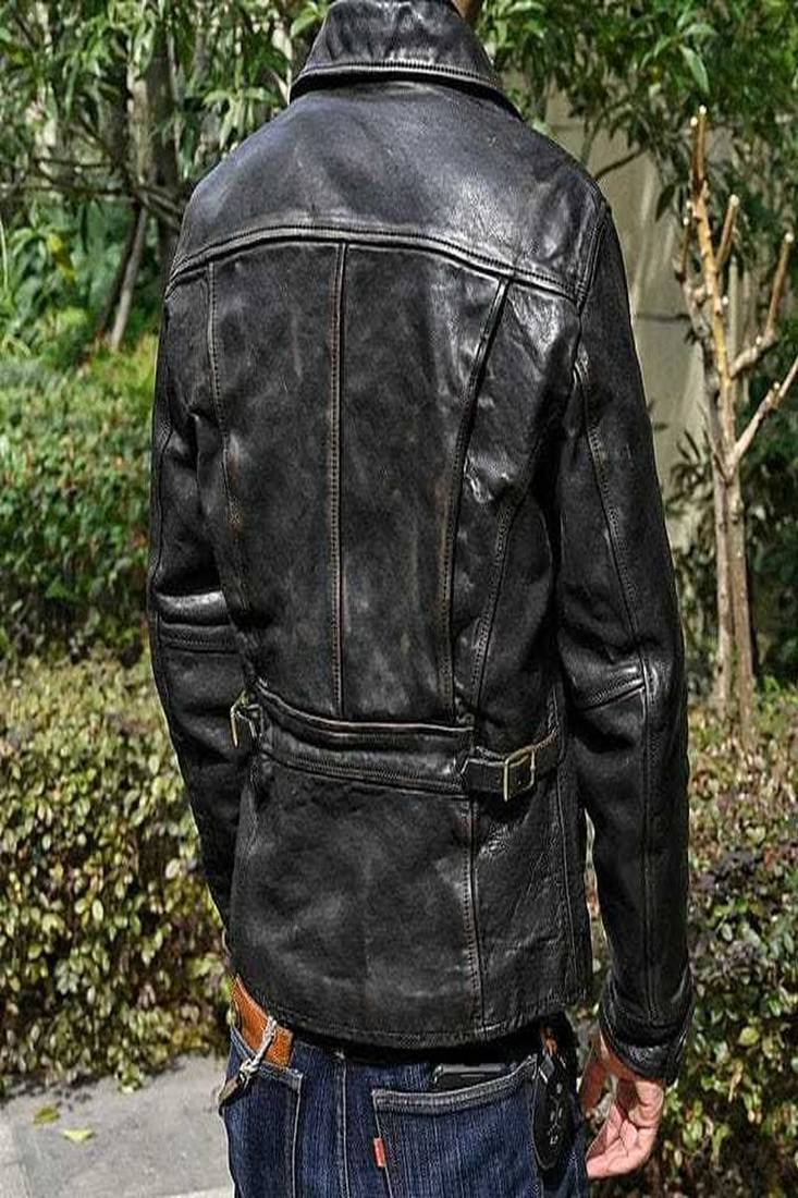 Mens black shine genuine lambskin leather jacket-body fit slim button  style
