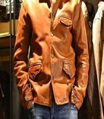 Men's tan brown genuine lambskin leather jacket for 3 pocket style