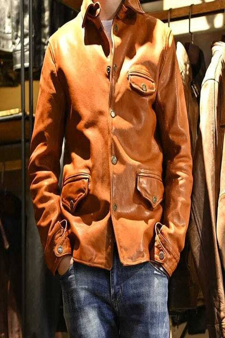 Men's tan brown genuine lambskin leather jacket for 3 pocket style