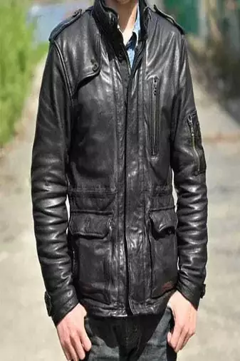 Men’s black lambskin leather jacket  multiple zippered and flap pockets style