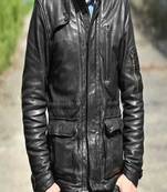 Men’s black lambskin leather jacket  multiple zippered and flap pockets style