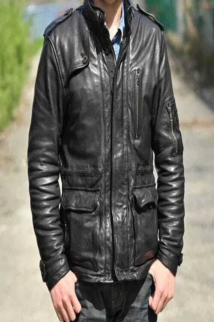 Men’s black lambskin leather jacket  multiple zippered and flap pockets style