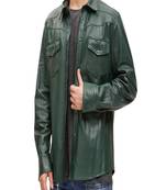 Men's olive green genuine lambskin leather jacket motorcycle biker button style