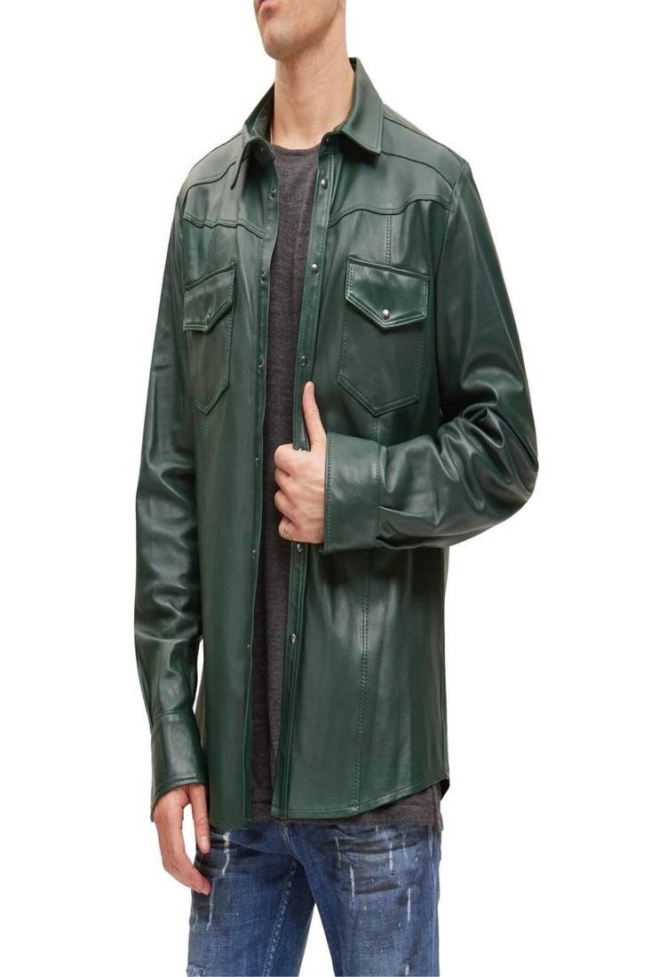 Men's olive green genuine lambskin leather jacket motorcycle biker button style