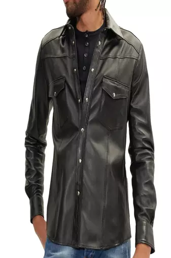 Men’s black lambskin leather jacket snap-button front style