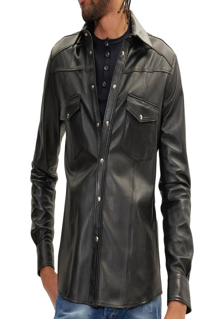Men’s black lambskin leather jacket snap-button front style