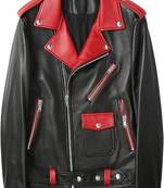Men’s black & red collar lambskin leather jacket muiltipal cross zip & biker  style