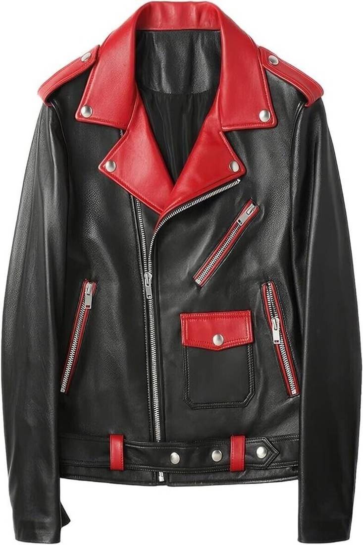Men’s black & red collar lambskin leather jacket muiltipal cross zip & biker  style