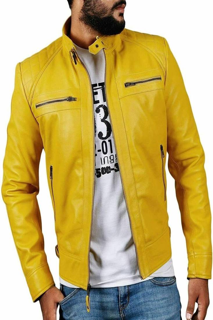 Men’s simple yellow  lambskin leather jacket straight  zip & café racer biker  style