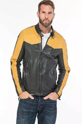 Men's black café racer lambskin leather jacket neck band style