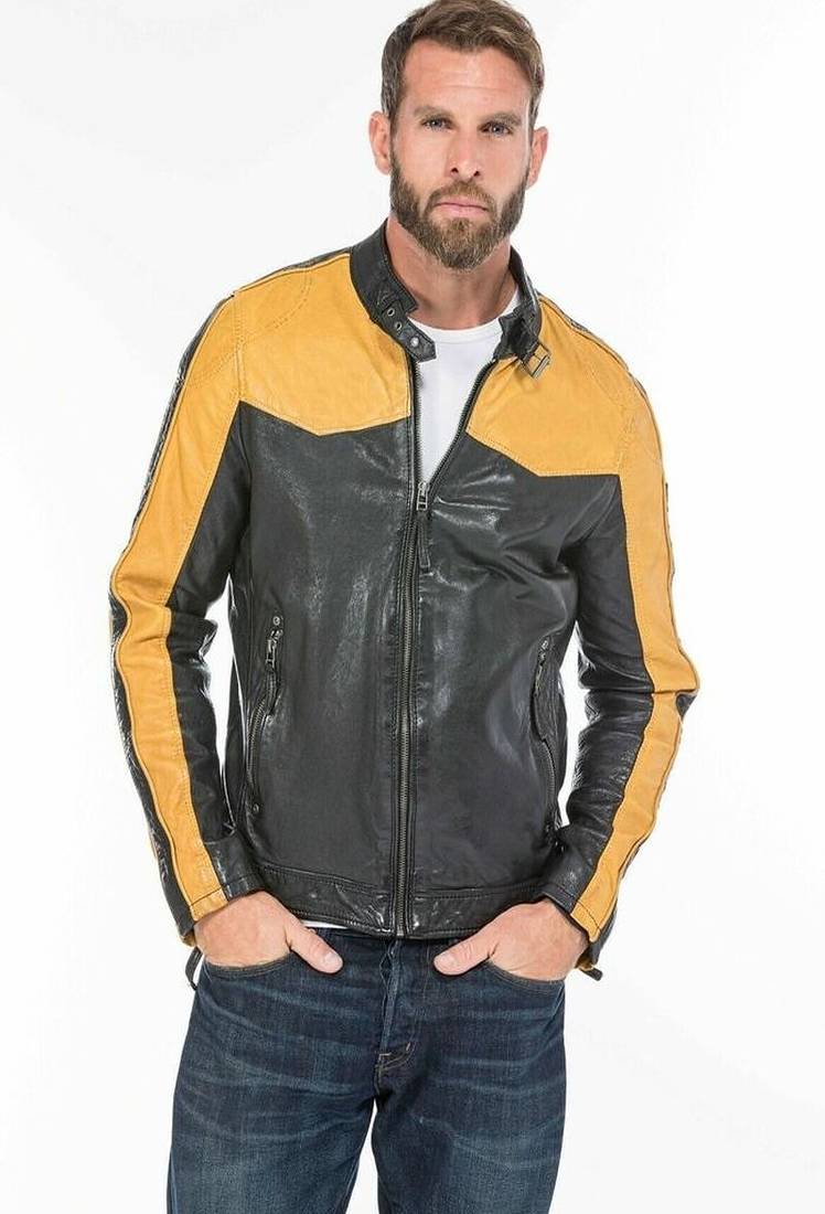 Men's black café racer lambskin leather jacket neck band style