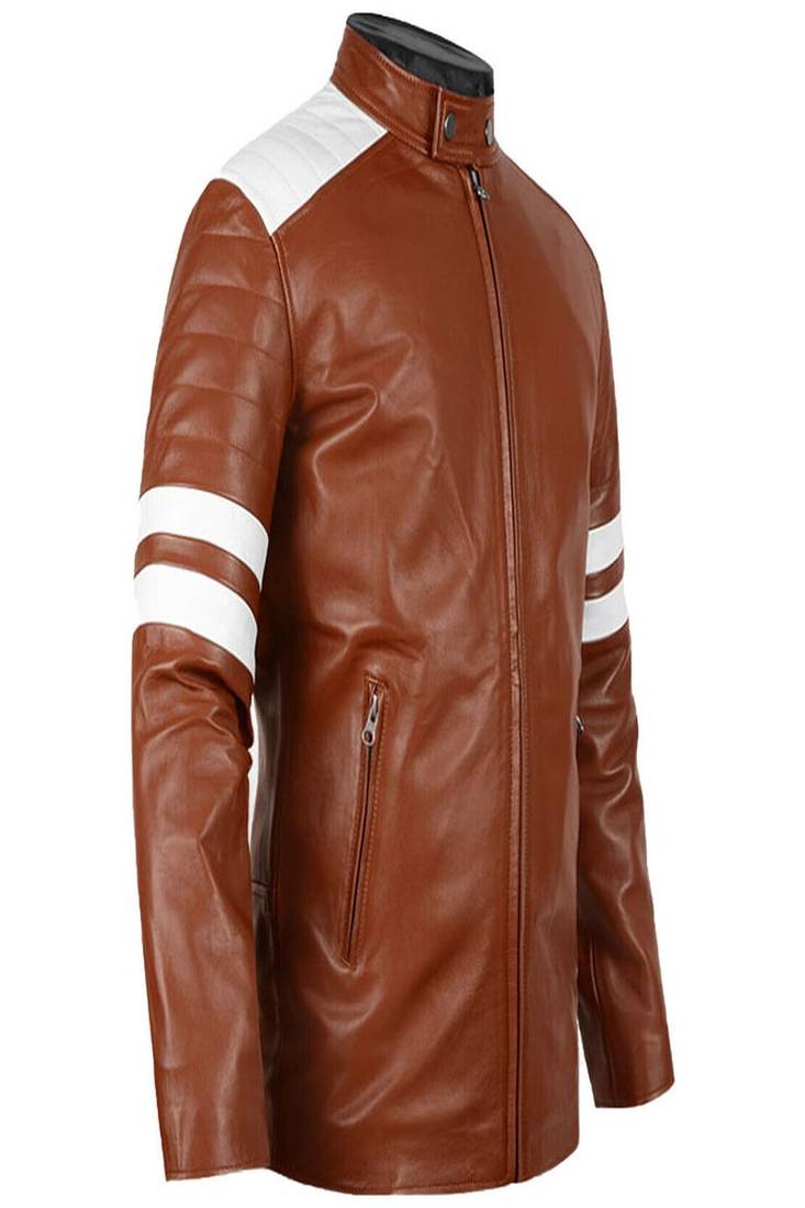 Men’s simple brown & white strip shoulder lambskin leather jacket straight  zip & café racer biker  style