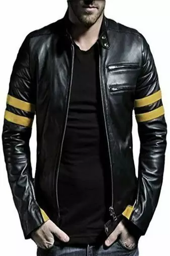 Men’s simple black  & yellow strip lambskin leather jacket straight  zip & café racer biker  style