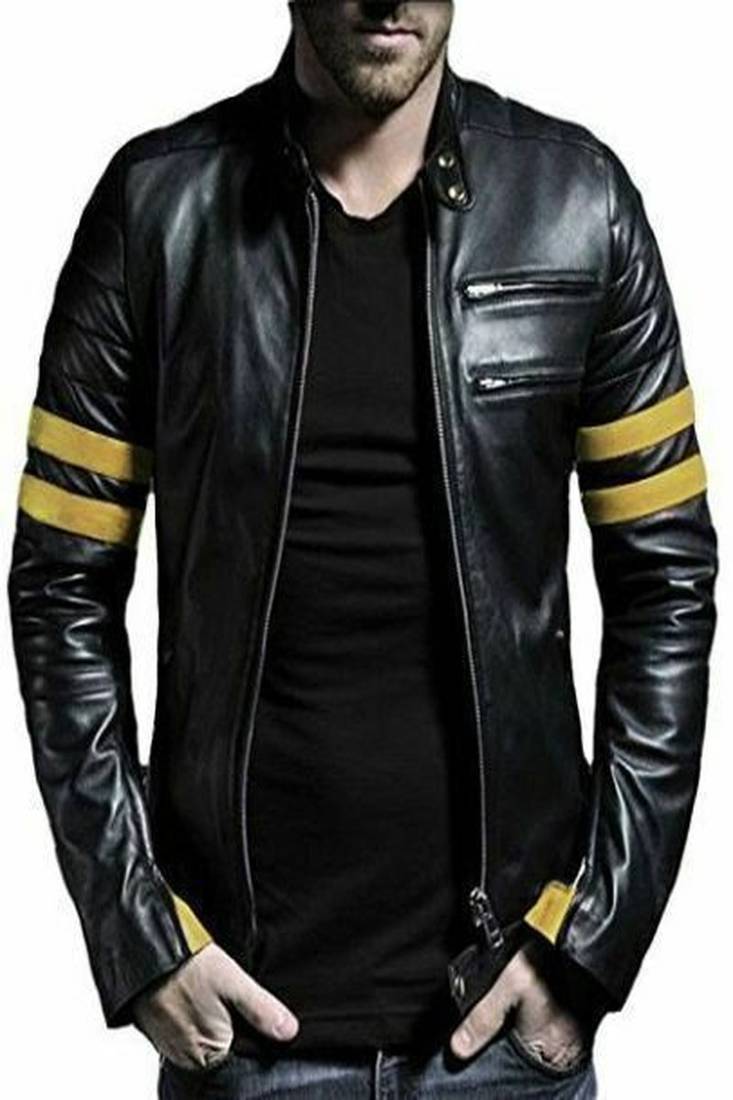 Men’s simple black  & yellow strip lambskin leather jacket straight  zip & café racer biker  style