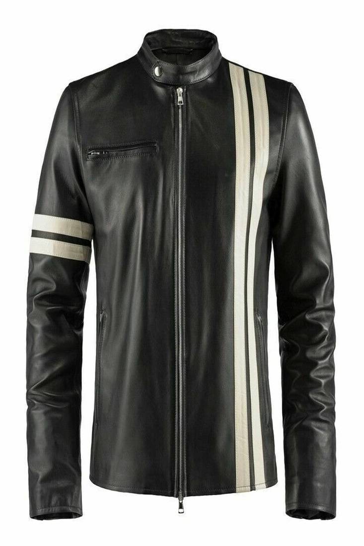 Men’s simple black  & straight white 2 strip lambskin leather jacket straight  zip & café racer biker  style