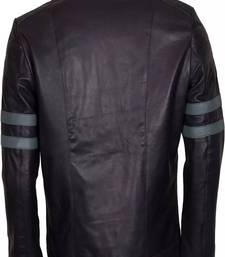 Men’s simple black  & blue 2 strip lambskin leather jacket straight  zip & café racer biker  style