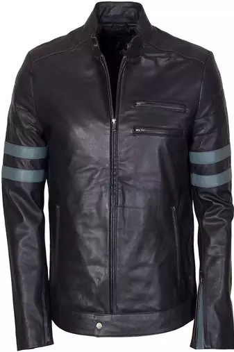 Men’s simple black  & blue 2 strip lambskin leather jacket straight  zip & café racer biker  style