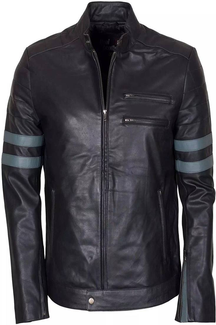Men’s simple black  & blue 2 strip lambskin leather jacket straight  zip & café racer biker  style