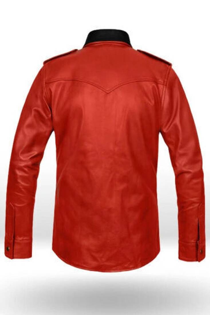 Men’s red  & black lambskin leather jacket  button pocket café racer biker  style
