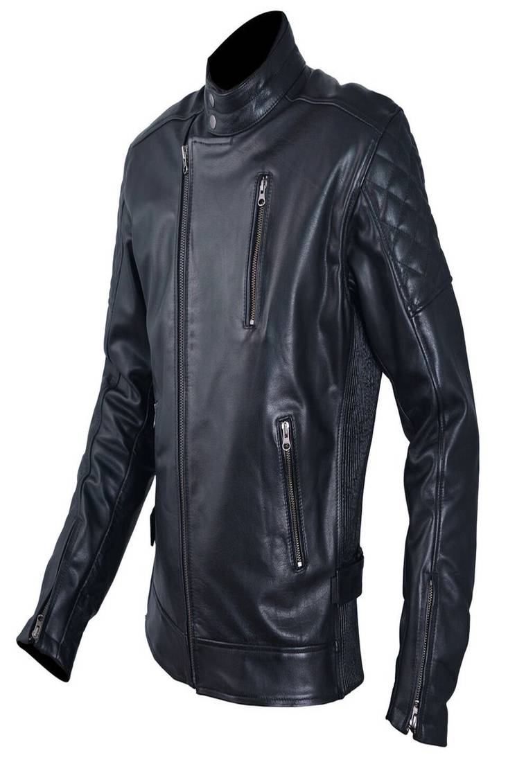 Men’s black genuine lambskin leather jacket muiltipal cross zip & quilted shoulder moto biker  style