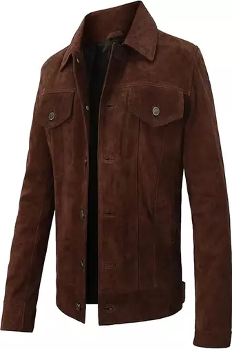 Men’s brown suede genuine lambskin leather jacket button pocket waist belt style
