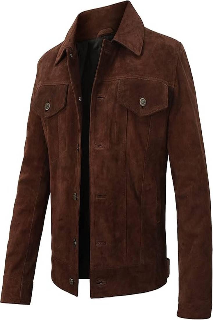Men’s brown suede genuine lambskin leather jacket button pocket waist belt style