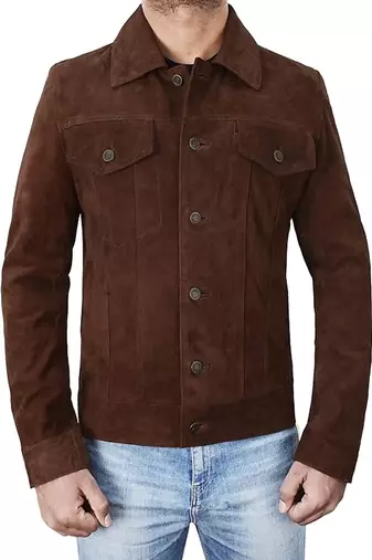 men's brown premium suede leather jacket adjustable belted waist