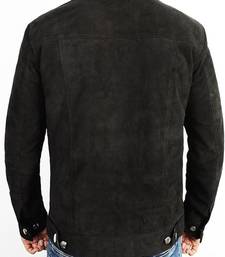 Men’s black  suede genuine lambskin leather jacket button pocket waist belt style