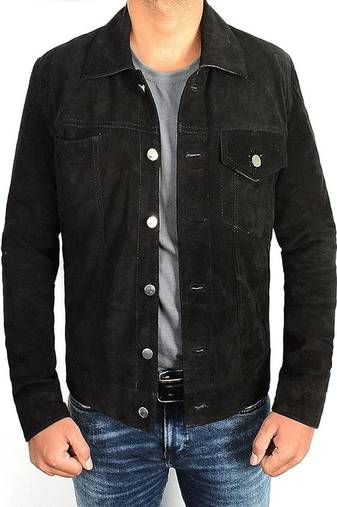 Men’s black  suede genuine lambskin leather jacket button pocket waist belt style