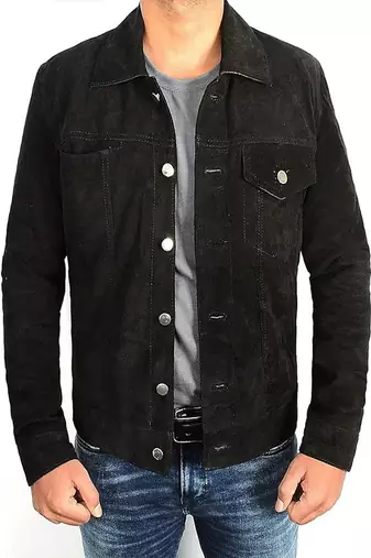 Men’s black  suede genuine lambskin leather jacket button pocket waist belt style