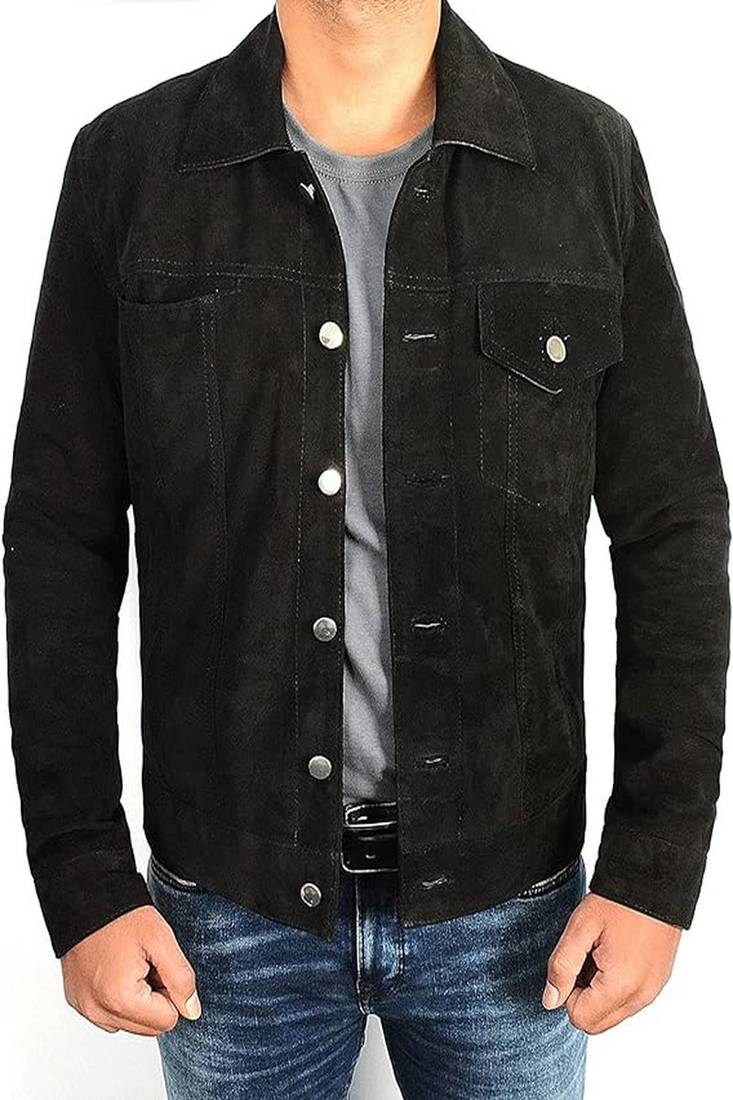 Men’s black  suede genuine lambskin leather jacket button pocket waist belt style