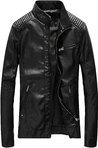Men’s black genuine lambskin leather jacket muiltipal cross zip & quilted shoulder moto biker  style