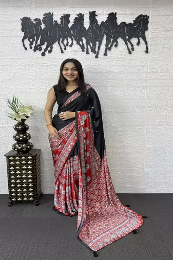 Black Color Heavy Mirror Work  Satin Silk  Saree