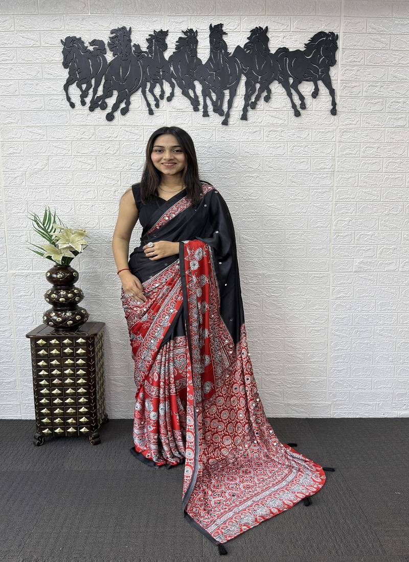 Black Color Heavy Mirror Work  Satin Silk  Saree