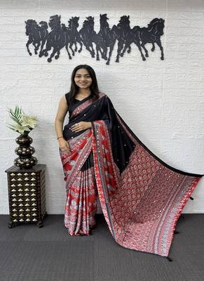Black Color Heavy Mirror Work  Satin Silk  Saree 2